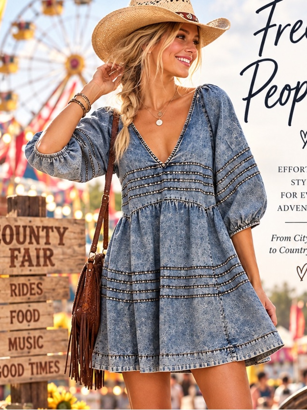 Free People Faded Blue Denim Tie-Back Mini Dress